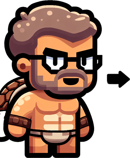 Make an fat man-turtle with glasses icon.
Single Game Texture. In-Game asset. 2d. Blank background. High contrast. No shadows.