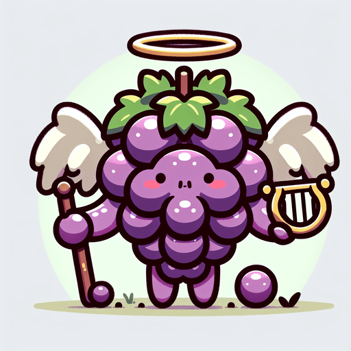 video game cute divine grape bunch Pokémon with an angelic halo above its head and a harp beside it, oversized head occupying most of its body, standing on two tiny chubby feet at the bottom, tiny adorable creature with a cute angry expression, looking straight ahead, facing the camera directly. 2D flat vector illustration.
Single Game Texture. In-Game asset. 2d. Blank background. High contrast. No shadows.