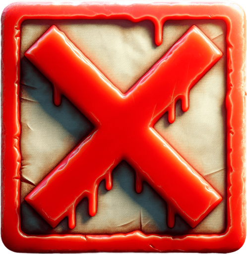 Big red X, written in wax, square button on Parchment
Single Game Texture.  In-Game asset.  2d.  Blank background.  High contrast.  No shadows