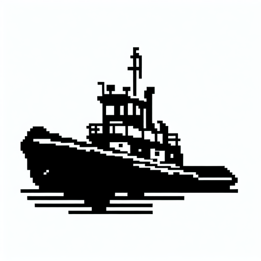 8-bit silhouette of tugboat.
Single Game Texture. In-Game asset. 2d. Blank background. High contrast. No shadows.