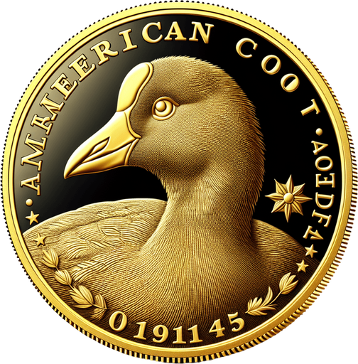 A single golden coin with the head of an American 
Coot on it..
Single Game Texture. In-Game asset. 2d. Blank background. High contrast. No shadows.