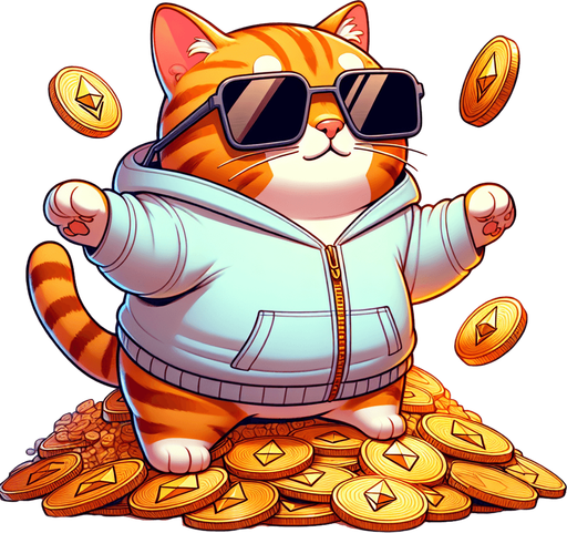 The character in the image, a delightful cartoon-style orange tabby cat adorned with noticeable stripes, finds itself in an intriguing new setting. It has a round face, concealed behind a pair of oversized, round, dark opaque sunglasses, giving it a look of cool curiosity. In a departure from its usual relaxed posture, the cat now stands majestically atop a vast pile of Ethereum tokens, its body small and chubby against the backdrop of digital wealth. Clad in its simple, light-colored hoodie with a drawstring, the cat appears both out of place and perfectly at home on this crypto mountain. Its paws are visible in front, slightly adjusted to maintain balance, while it surveys its surroundings with a playful whimsy. This unique scenario, mixing the cat's casual mascot charm with the world of cryptocurrency, perfectly suits a character in a children's book, introducing young readers to the concept of digital currencies in a fun and imaginative way..
Single Game Texture. In-Game asset. 2d. Blank background. High contrast. No shadows.