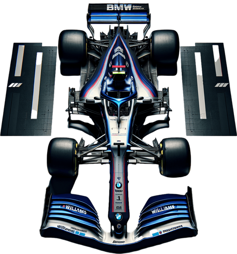 F1 BMW race car with "BMW Motorsport" livery, deep blue "Williams" rear wing, dark blue front wing. Top view..