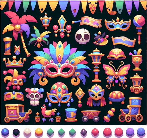 carnevale.
Single Game Texture. In-Game asset. 2d. Blank background. High contrast. No shadows.