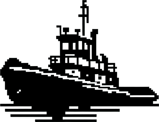 8-bit silhouette of tugboat.
Single Game Texture. In-Game asset. 2d. Blank background. High contrast. No shadows.