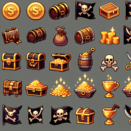 sprite sheet for slot machine symbols featuring highly polished icons, for a cute casual 2d flat design illustraton vector style for a cute pirate themed game featuring a doublon, a duffle bag, a chest, a treasure, a pile of treasure, a pile of gold, a pirate flag, a chalice and other pirate like icons, each distinct from each other. blender 3D quality.
Single Game Texture. In-Game asset. 2d. Blank background. High contrast. No shadows.