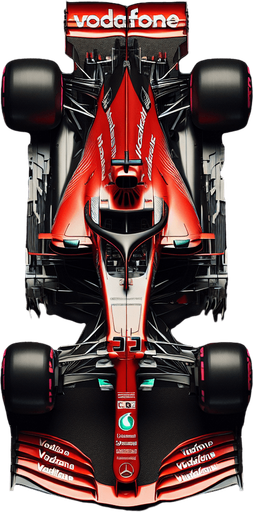 F1 mclaren mercedes race car. red wings white vodafone Top view..