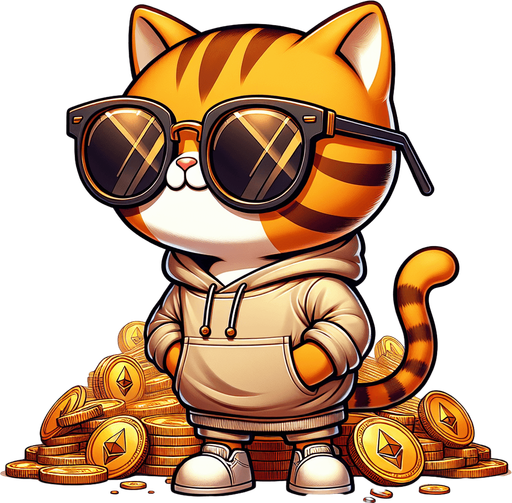 The character in the image, a delightful cartoon-style orange tabby cat adorned with noticeable stripes, finds itself in an intriguing new setting. It has a round face, concealed behind a pair of oversized, round, dark opaque sunglasses, giving it a look of cool curiosity. In a departure from its usual relaxed posture, the cat now stands majestically atop a vast pile of Ethereum tokens, its body small and chubby against the backdrop of digital wealth. Clad in its simple, light-colored hoodie with a drawstring, the cat appears both out of place and perfectly at home on this crypto mountain. Its paws are visible in front, slightly adjusted to maintain balance, while it surveys its surroundings with a playful whimsy. This unique scenario, mixing the cat's casual mascot charm with the world of cryptocurrency, perfectly suits a character in a children's book, introducing young readers to the concept of digital currencies in a fun and imaginative way..
Single Game Texture. In-Game asset. 2d. Blank background. High contrast. No shadows.