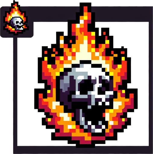 Screaming skull on fire.
In-Game asset. 2d. Blank background. No Shadows. 8-bit art.