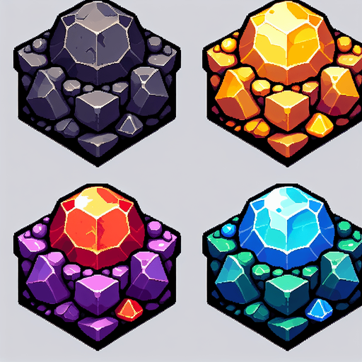 Four ore elements.
Single Game Texture. In-Game asset. 2d. Blank background. High contrast. No shadows.