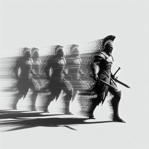 A central figure with several fading, translucent shadow copies trailing behind or positioned nearby. Could also be a weapon swing that leaves dark afterimages..
Single Game Texture.  In-Game asset.  2d.  Blank background.  High contrast.  No shadows