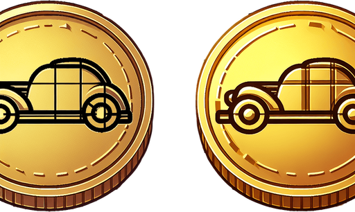 a gold coin with a car one it, simple graphics.
Single Game Texture. In-Game asset. 2d. Blank background. High contrast. No shadows.