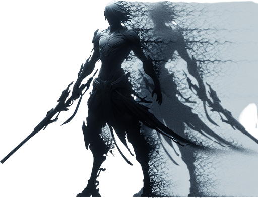 A central figure with several fading, translucent shadow copies trailing behind or positioned nearby. Could also be a weapon swing that leaves dark afterimages..
Single Game Texture.  In-Game asset.  2d.  Blank background.  High contrast.  No shadows