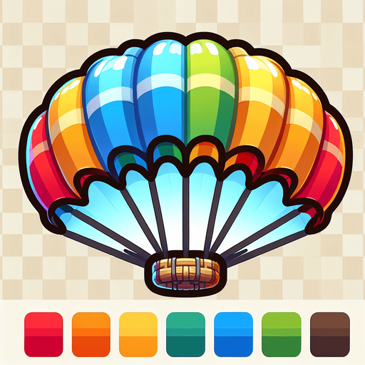 parachute. multicoloured. cartoon style..
Single Game Texture. In-Game asset. 2d. Blank background. High contrast. No shadows.