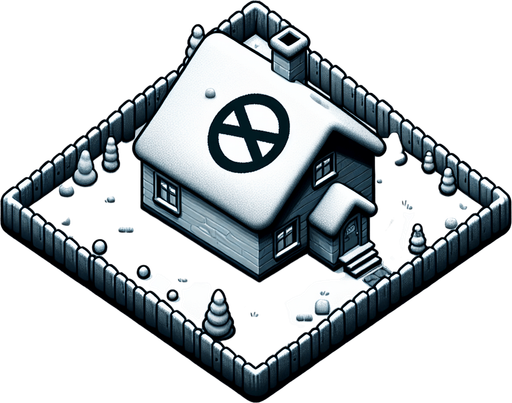overhead view of drab house with giant prohibition symbol snowy lawn video game asset 2d blank background Single Game Texture. In-Game asset. 2d. Blank background. High contrast. No shadows.