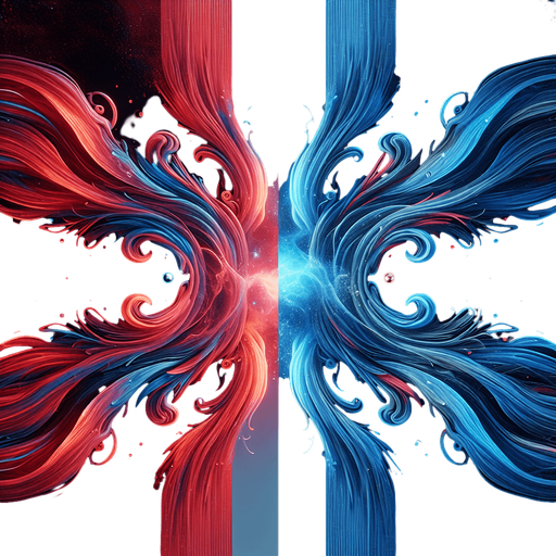 Two different colored streams of energy (e.g., red and blue) flowing and swirling together in the center. Could also be a crystal icon split into two distinct colors..
Single Game Texture.  In-Game asset.  2d.  Blank background.  High contrast.  No shadows