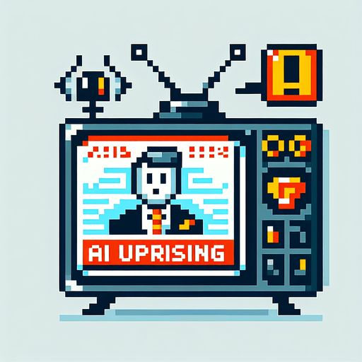 Design a pixel art scene for a game item: a TV broadcasting a news alert about an imminent AI uprising. Include flashing warning signs and depict the newscaster in a state of high alert to convey urgency and tension, ensuring all elements are styled to fit within a pixelated game environment.. pixelated. 8 bit..
Single Game Texture. In-Game asset. 2d. Blank background. High contrast. No shadows.