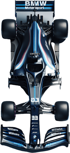 F1 BMW race car with "BMW Motorsport" livery, deep blue "Williams" rear wing, dark blue front wing. Top view..
