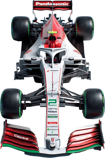F1 race car. Top view. 
Shiny white body with shiny red stripes on body. 
Thin LIGHT green stripes.
Sponsor is green "Caistrol" & red "TOTOYA" & blue "PANDASONIC"..
Single Game Texture. In-Game asset. 2d. Blank background. High contrast. No shadows.