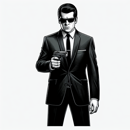 FULL-LENGHT Standing Smith agent from the Matrix, He holds the pistol in front of him to aim. front view.