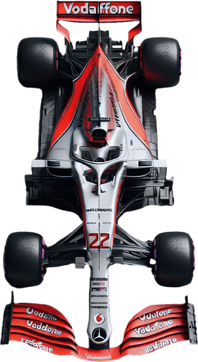 F1 mclaren mercedes race car. red wings white vodafone Top view..