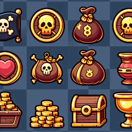 sprite sheet for slot machine symbols featuring highly polished icons, for a cute casual 2d flat design illustraton vector style for a cute pirate themed game featuring a doublon, a duffle bag, a chest, a treasure, a pile of treasure, a pile of gold, a pirate flag, a chalice and other pirate like icons, each distinct from each other. blender 3D quality.
Single Game Texture. In-Game asset. 2d. Blank background. High contrast. No shadows.