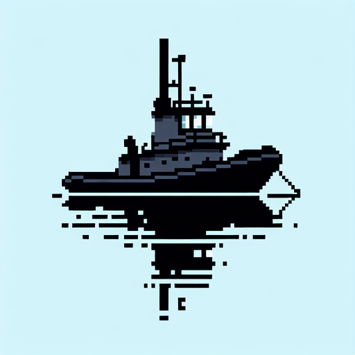 8-bit silhouette of tugboat.
Single Game Texture. In-Game asset. 2d. Blank background. High contrast. No shadows.