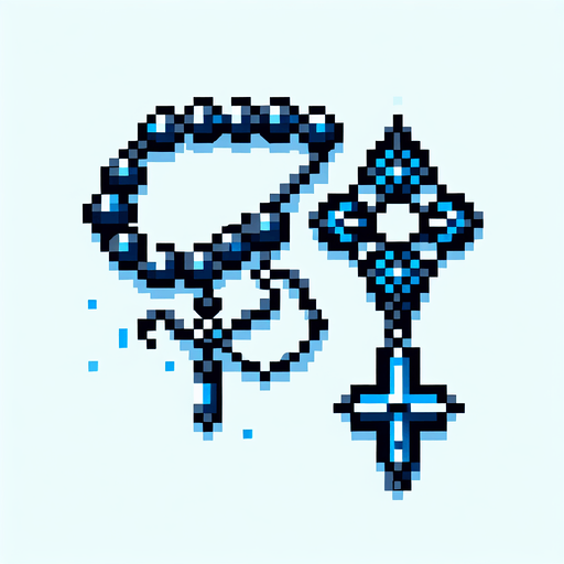 pixel art gothic rosary with blue trims.
Single Game Texture. In-Game asset. 2d. Blank background. High contrast. No shadows.