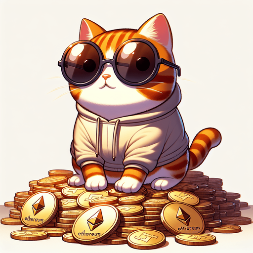 The character in the image, a delightful cartoon-style orange tabby cat adorned with noticeable stripes, finds itself in an intriguing new setting. It has a round face, concealed behind a pair of oversized, round, dark opaque sunglasses, giving it a look of cool curiosity. In a departure from its usual relaxed posture, the cat now stands majestically atop a vast pile of Ethereum tokens, its body small and chubby against the backdrop of digital wealth. Clad in its simple, light-colored hoodie with a drawstring, the cat appears both out of place and perfectly at home on this crypto mountain. Its paws are visible in front, slightly adjusted to maintain balance, while it surveys its surroundings with a playful whimsy. This unique scenario, mixing the cat's casual mascot charm with the world of cryptocurrency, perfectly suits a character in a children's book, introducing young readers to the concept of digital currencies in a fun and imaginative way..
Single Game Texture. In-Game asset. 2d. Blank background. High contrast. No shadows.