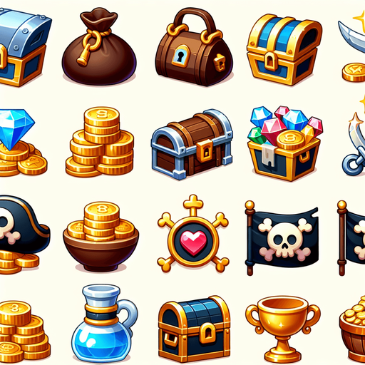 sprite sheet for slot machine symbols featuring highly polished icons, for a cute casual 2d flat design illustraton vector style for a cute pirate themed game featuring a doublon, a duffle bag, a chest, a treasure, a pile of treasure, a pile of gold, a pirate flag, a chalice and other pirate like icons, each distinct from each other. blender 3D quality.
Single Game Texture. In-Game asset. 2d. Blank background. High contrast. No shadows.