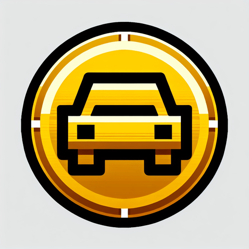 a gold coin with a car one it, simple graphics.
Single Game Texture. In-Game asset. 2d. Blank background. High contrast. No shadows.
