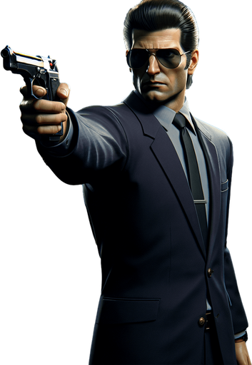 FULL-LENGHT Standing Smith agent from the Matrix, He holds the pistol in front of him to aim. front view.