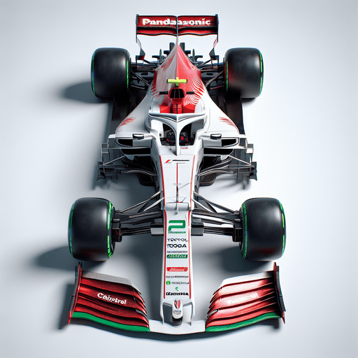F1 race car. Top view. 
Shiny white body with shiny red stripes on body. 
Thin LIGHT green stripes.
Sponsor is green "Caistrol" & red "TOTOYA" & blue "PANDASONIC"..
Single Game Texture. In-Game asset. 2d. Blank background. High contrast. No shadows.