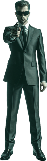 FULL-LENGHT Standing Smith agent from the Matrix, He holds the pistol in front of him to aim. front view.