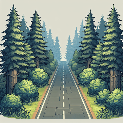 Дорога и кусты.
Single Game Texture. In-Game asset. 2d. Blank background. High contrast. No shadows.
