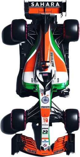 F1 Force-India race car. India flag on body. SAHARA  and KINGFISHER Sponsors
 Top view..
Single Game Texture. In-Game asset. 2d. Blank background. High contrast. No shadows.