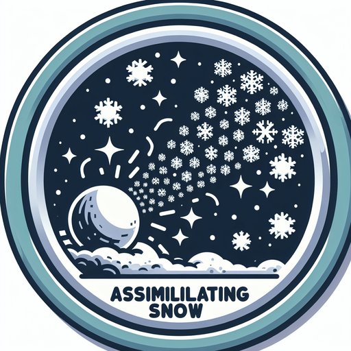Icon for a snowball collide with snoflakes and becomes bigger, on a circle, with the text „ASSIMILATING SNOW“ at top, cartoon Single Game Texture. In-Game asset. 2d. Blank background. High contrast. No shadows.