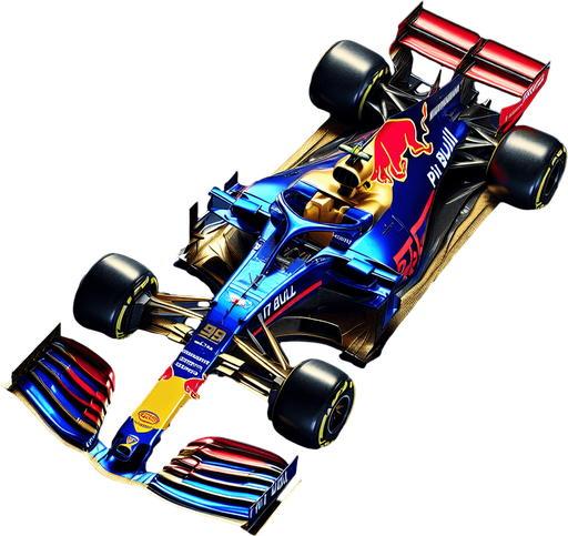 F1 Toro Rosso race car. 
ROYAL BLUE BODY WITH golden " PIT BULL"  TEXT. Red rear wing. Golden front wing. Top view..
Single Game Texture. In-Game asset. 2d. Blank background. High contrast. No shadows.