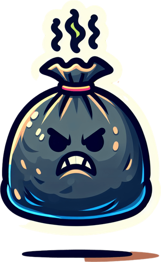 cartoon garbage bag smelly.
Single Game Texture.  In-Game asset.  2d.  Blank background.  High contrast.  No shadows
