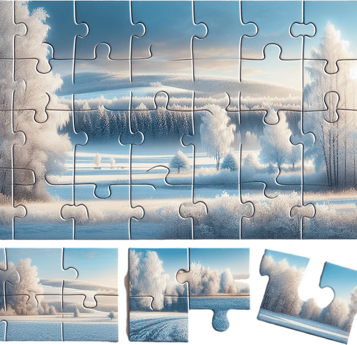 Photorealistic winter landscape 12 piece of jingsaw shapes puzzle