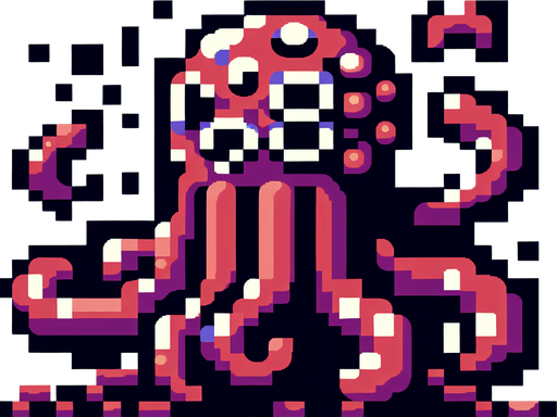 8 bit tentacle monster.
Single Game Texture. In-Game asset. 2d. Blank background. High contrast. No shadows.