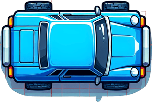 car top view design like in children's cartoons image color blue.
Single Game Texture. In-Game asset. 2d. Blank background. High contrast. No shadows.