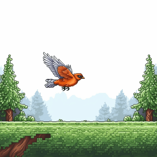 Rectangular bird. Flying right
Game Texture. In-Game asset. 2d. Pixelart. White background. Blank background. Low detail. High contrast.