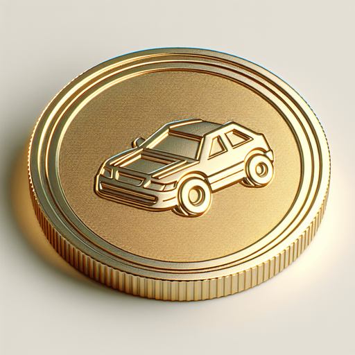 a gold coin with a car one it, simple graphics.
Single Game Texture. In-Game asset. 2d. Blank background. High contrast. No shadows.