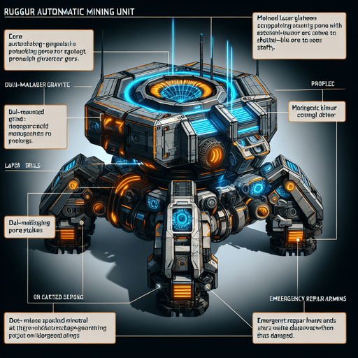 A rugged autonomous mining unit with:

Core: Rotating hexagonal chassis with visible piston-driven gears

Propulsion: Four anti-gravity thrusters glowing orange (Tier 1) → plasma-blue (Tier 3)

Tools: Dual-mounted laser drills + magnetic ore claws

Armor: Scratched titanium plating with hazard stripes

Interface: Holographic mineral scanner (projects blue grid lines)

Unique Feature: Emergency repair arms that spark when damaged.
Single Game Texture.  In-Game asset.  2d.  Blank background.  High contrast.  No shadows
