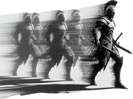 A central figure with several fading, translucent shadow copies trailing behind or positioned nearby. Could also be a weapon swing that leaves dark afterimages..
Single Game Texture.  In-Game asset.  2d.  Blank background.  High contrast.  No shadows