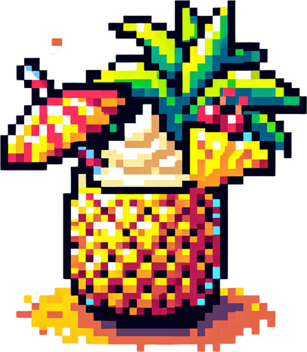 cartoon/8-bit. piña colada in a pinaple..
Single Game Texture. In-Game asset. 2d. Blank background. High contrast. No shadows.
