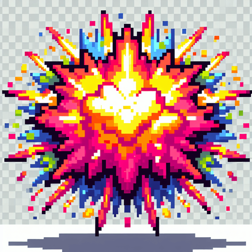 a cartoon explosion. pixel art style..
Single Game Texture. In-Game asset. 2d. Blank background. High contrast. No shadows.