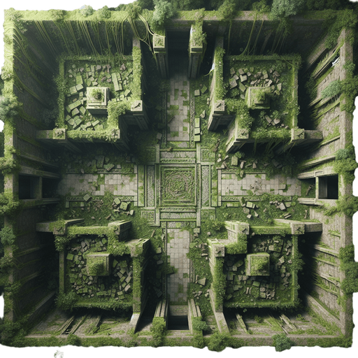 A top-down view of jungle ruins with moss-covered stone walls and floors. The floor is scattered with vines and broken pillars. Each wall has an entrance centered in the middle, resembling natural archways positioned on the top, bottom, left, and right. Sunlight filters through, illuminating the room softly..
Full-frame, top-down view of jungle ruins. Moss-covered stone walls and floors, vines, broken pillars. Open natural archways centered on each wall: top, bottom, left, and right. Soft sunlight, no perspective distortion.