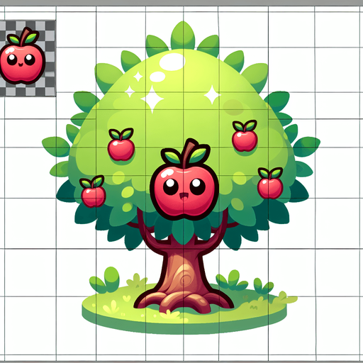 Cartoon style cute apple tree with small branches.
Single Game Texture. In-Game asset. 2d. Blank background. High contrast. No shadows.
